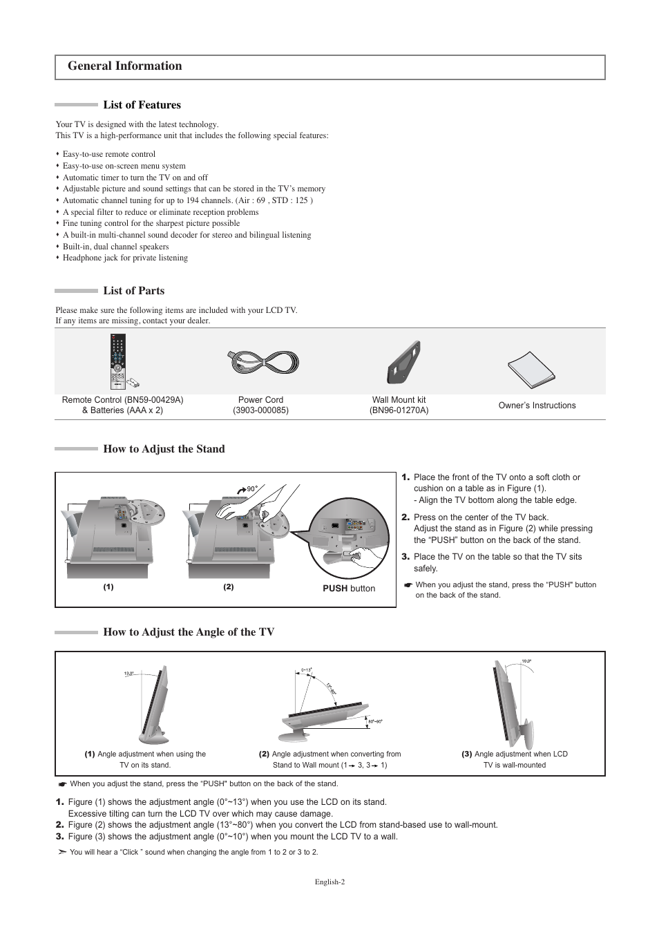 General information, List of features, List of parts | How to adjust the stand, How to adjust the angle of the tv | Samsung LNR2050PX-XAA User Manual | Page 4 / 56