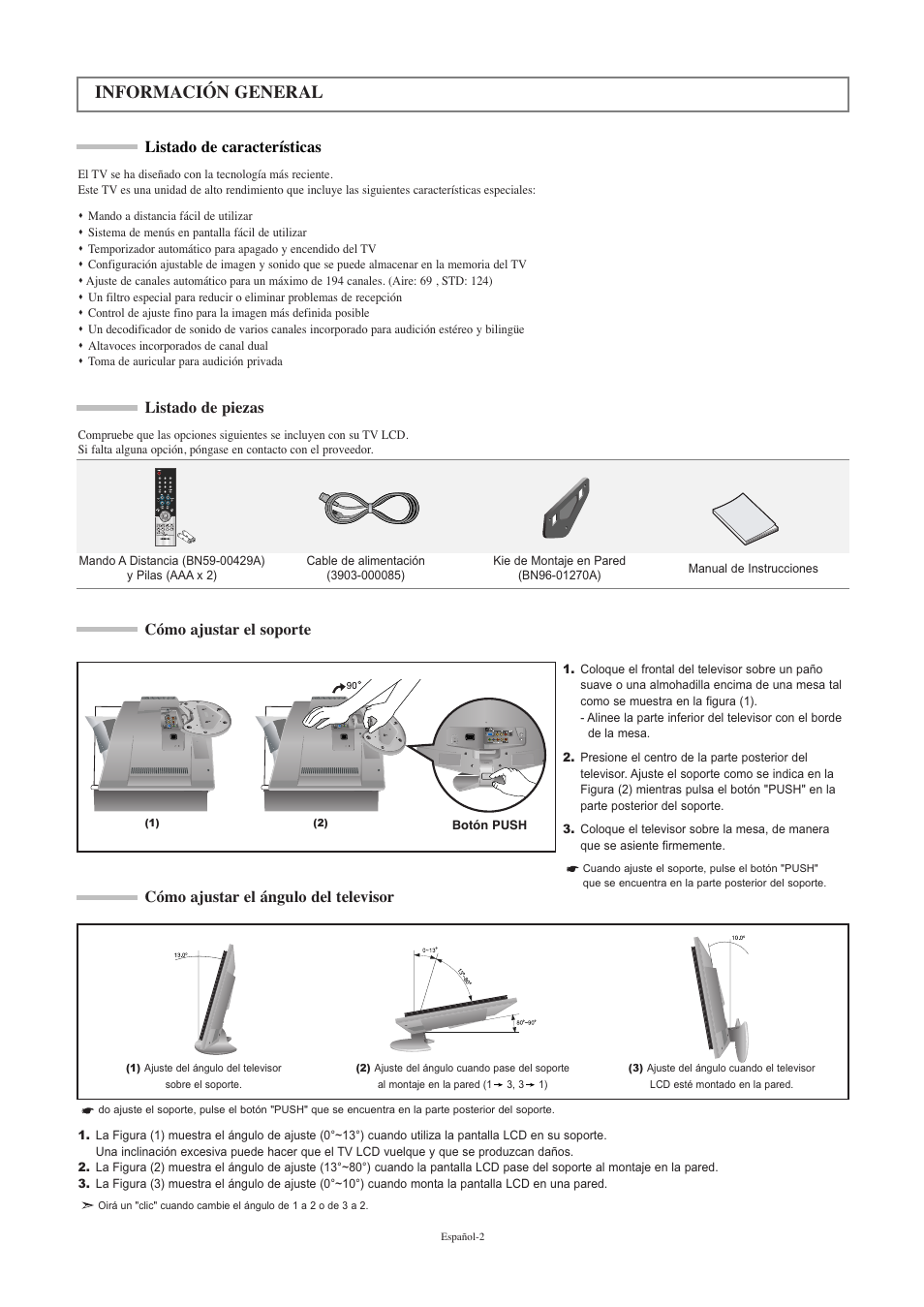 Información general, Listado de características, Listado de piezas | Cómo ajustar el soporte, Cómo ajustar el ángulo del televisor | Samsung LNR2050PX-XAA User Manual | Page 40 / 56