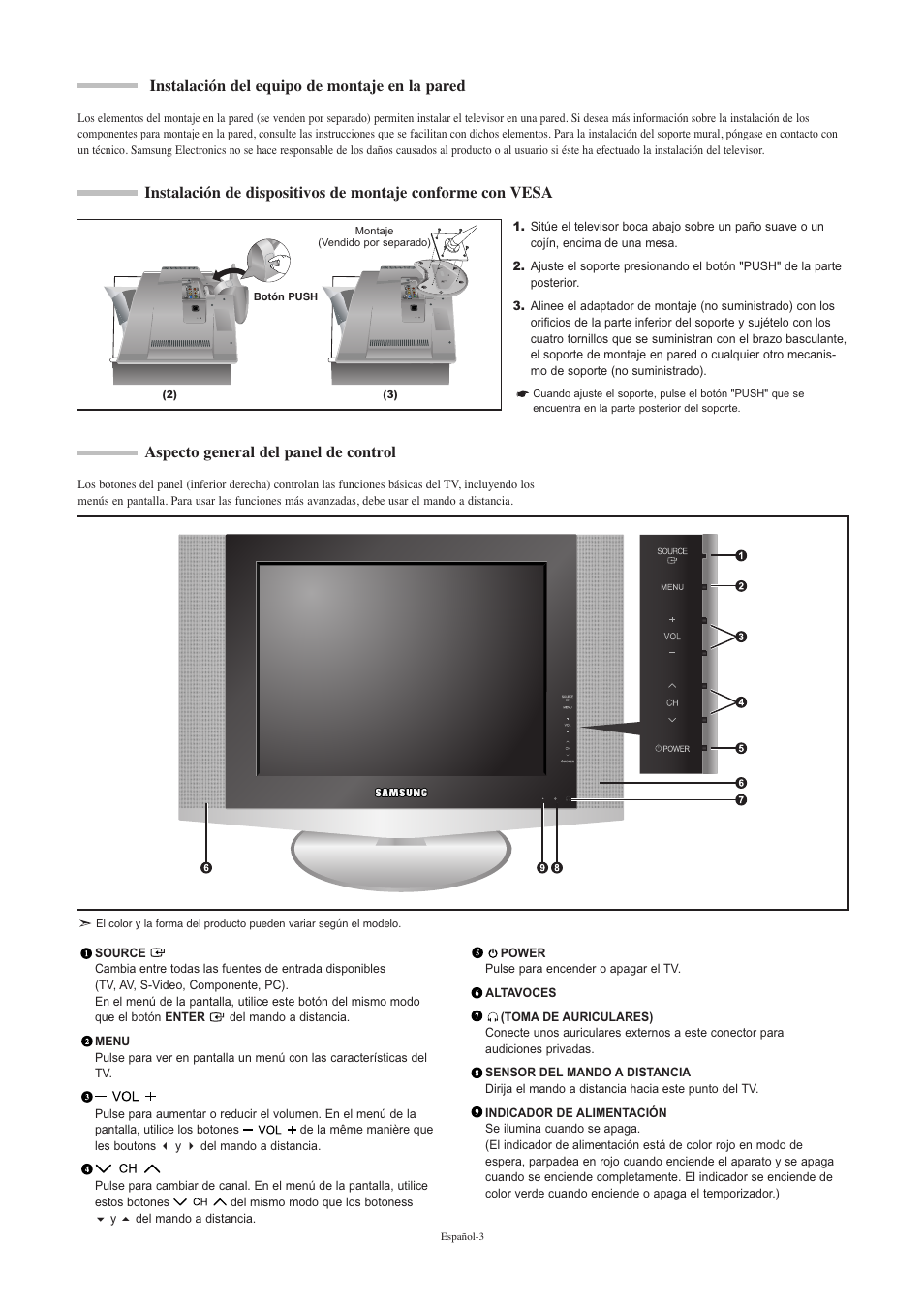 Aspecto general del panel de control, Instalación del equipo de montaje en la pared | Samsung LNR2050PX-XAA User Manual | Page 41 / 56