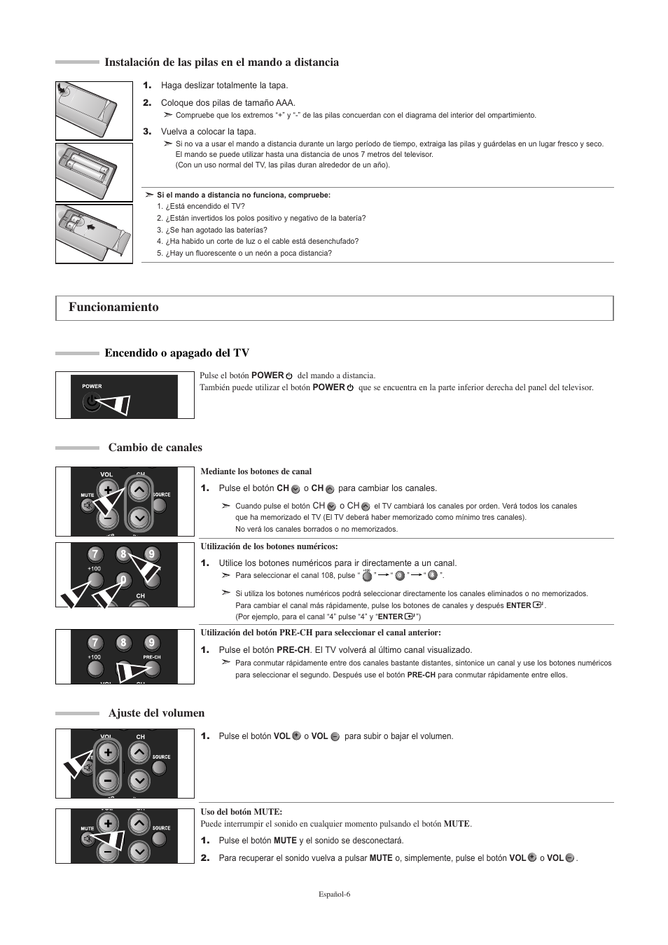 Funcionamiento, Instalación de las pilas en el mando a distancia, Encendido o apagado del tv | Cambio de canales, Ajuste del volumen | Samsung LNR2050PX-XAA User Manual | Page 44 / 56