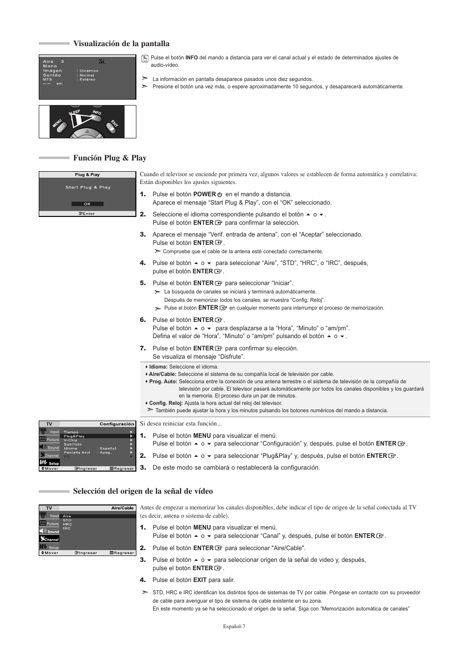 Función plug & play, Visualización de la pantalla, Selección del origen de la señal de vídeo | Samsung LNR2050PX-XAA User Manual | Page 45 / 56
