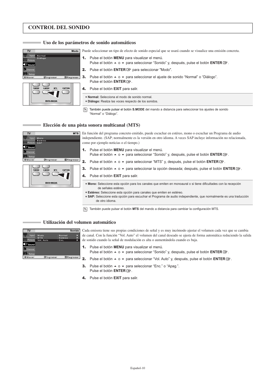 Control del sonido, Elección de una pista sonora multicanal (mts), Utilización del volumen automático | Uso de los parámetros de sonido automáticos | Samsung LNR2050PX-XAA User Manual | Page 48 / 56