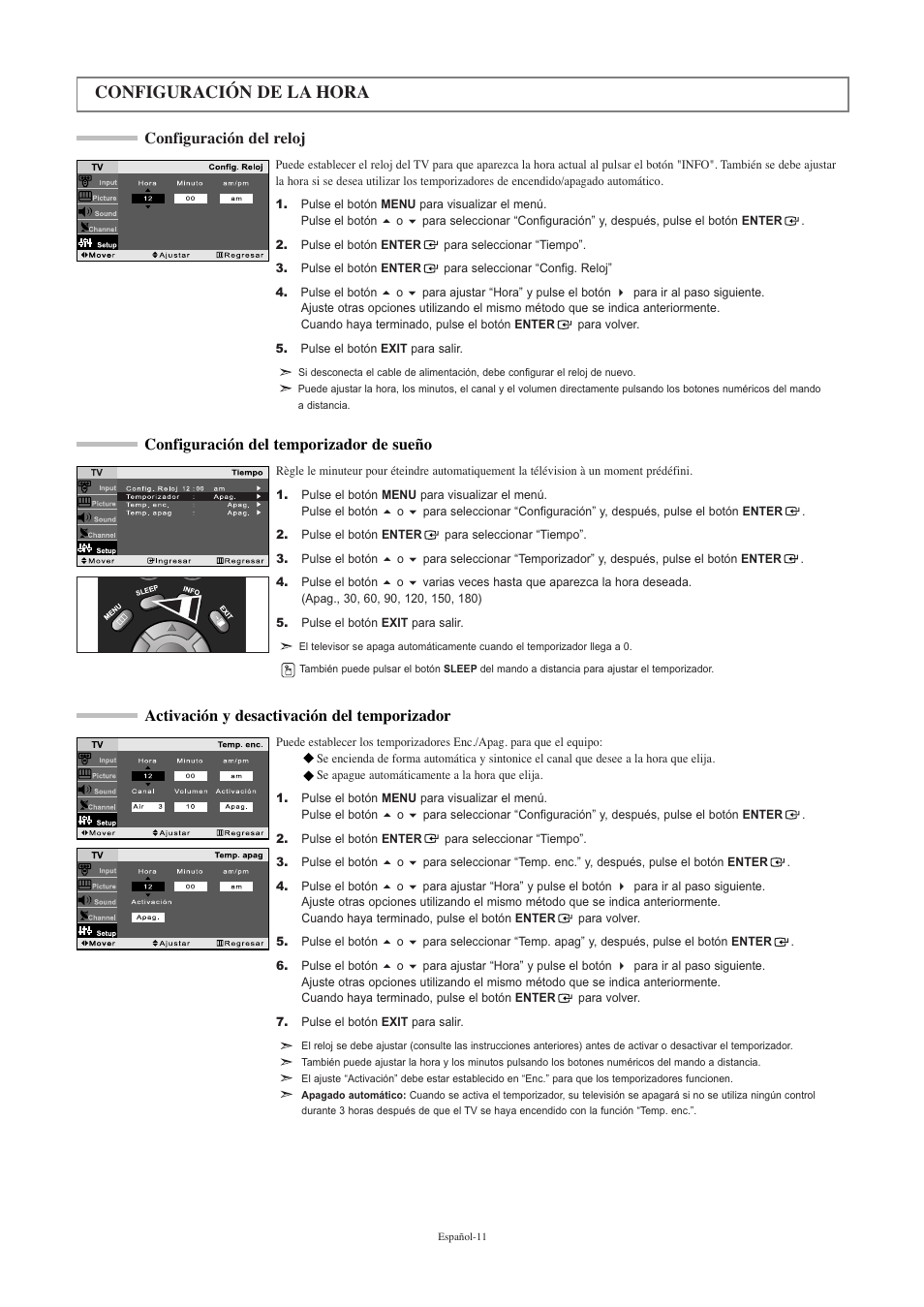 Configuración de la hora, Configuración del reloj | Samsung LNR2050PX-XAA User Manual | Page 49 / 56