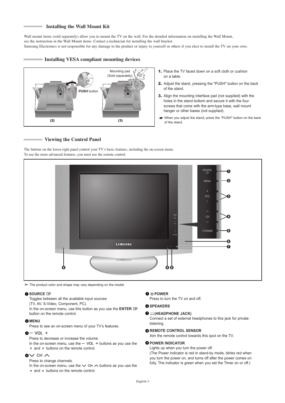 Installing the wall mount kit, Installing vesa compliant mounting devices, Viewing the control panel | Samsung LNR2050PX-XAA User Manual | Page 5 / 56