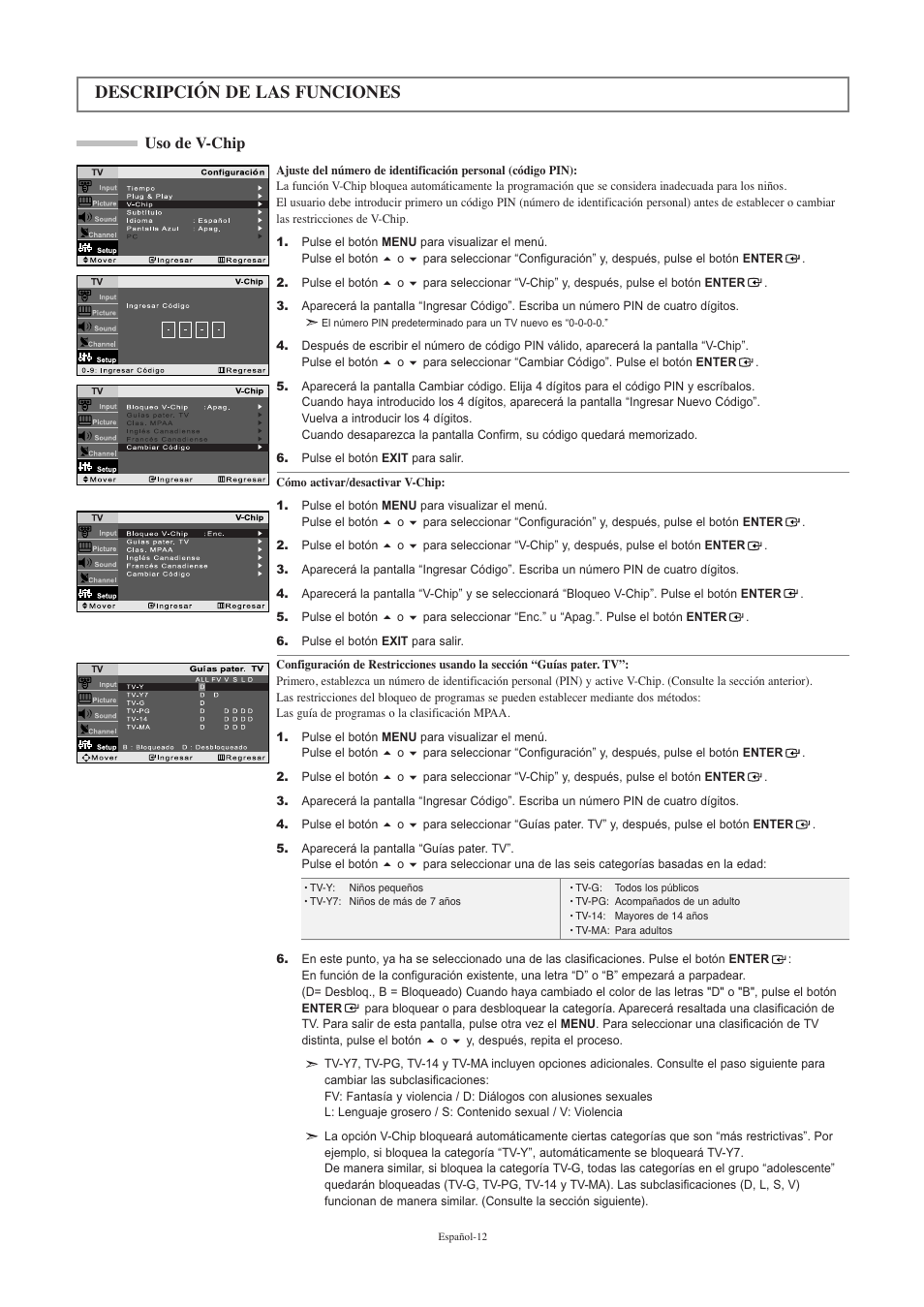 Descripción de las funciones, Uso de v-chip | Samsung LNR2050PX-XAA User Manual | Page 50 / 56