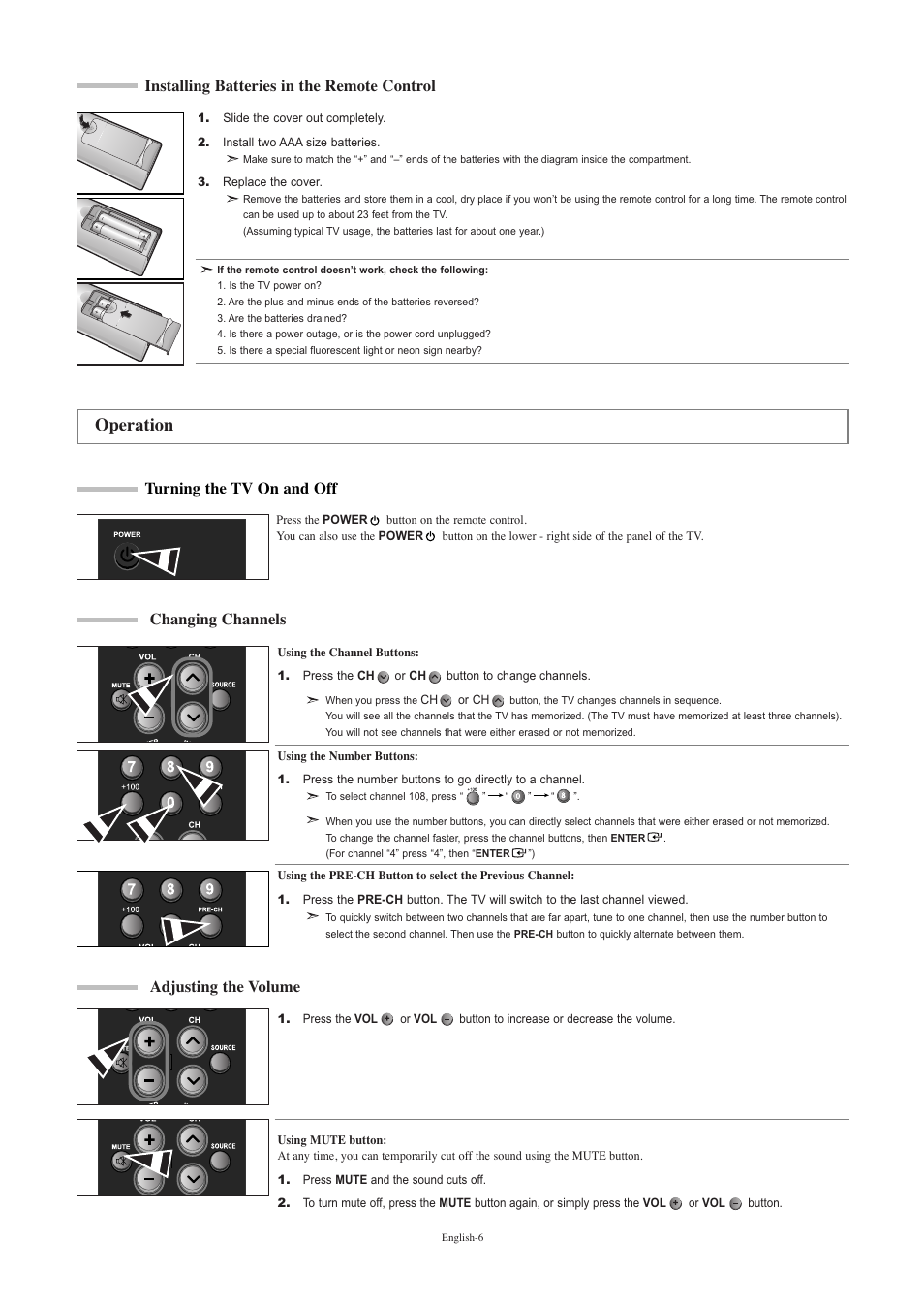 Installing batteries in the remote control, Operation, Turning the tv on and off | Changing channels, Adjusting the volume | Samsung LNR2050PX-XAA User Manual | Page 8 / 56