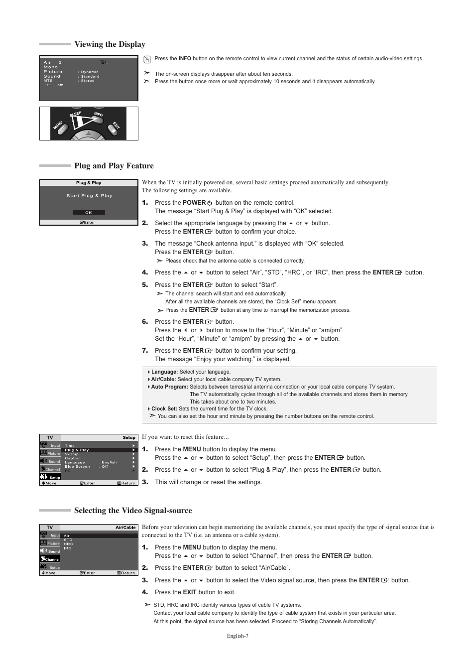 Viewing the display, Plug and play feature, Selecting the video signal-source | Samsung LNR2050PX-XAA User Manual | Page 9 / 56