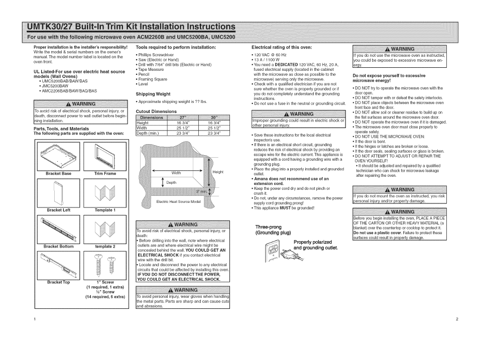 Amana UMTK27 User Manual | 2 pages