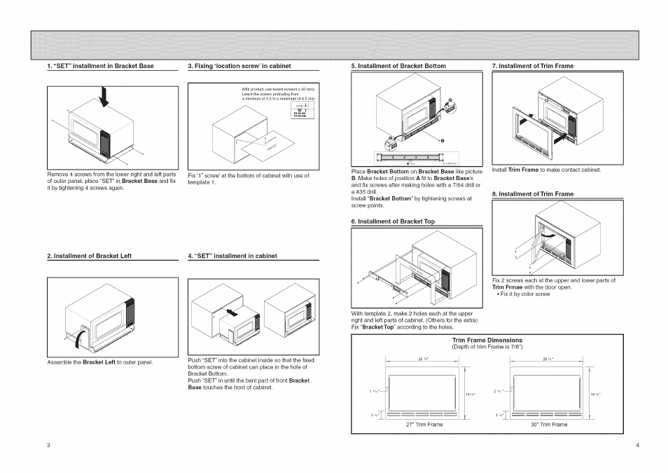 “set” installment in bracket base, Fixing ‘location screw’ in cabinet, Installment of trim frame | Installment of bracket left, “set” installment in cabinet, Trim frame dimensions | Amana UMTK27 User Manual | Page 2 / 2