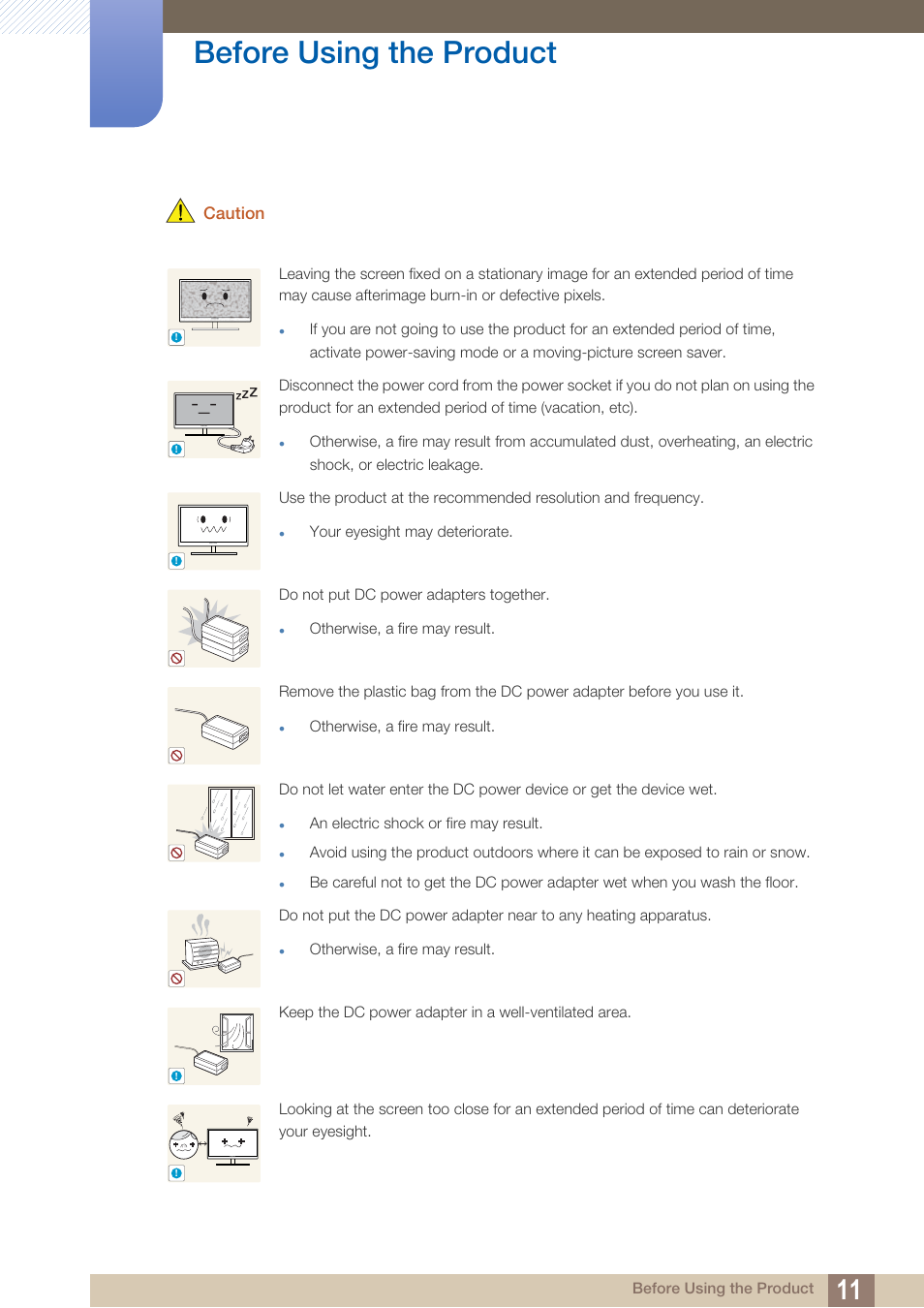 Caution, Before using the product | Samsung LS27A750DS-ZA User Manual | Page 11 / 88