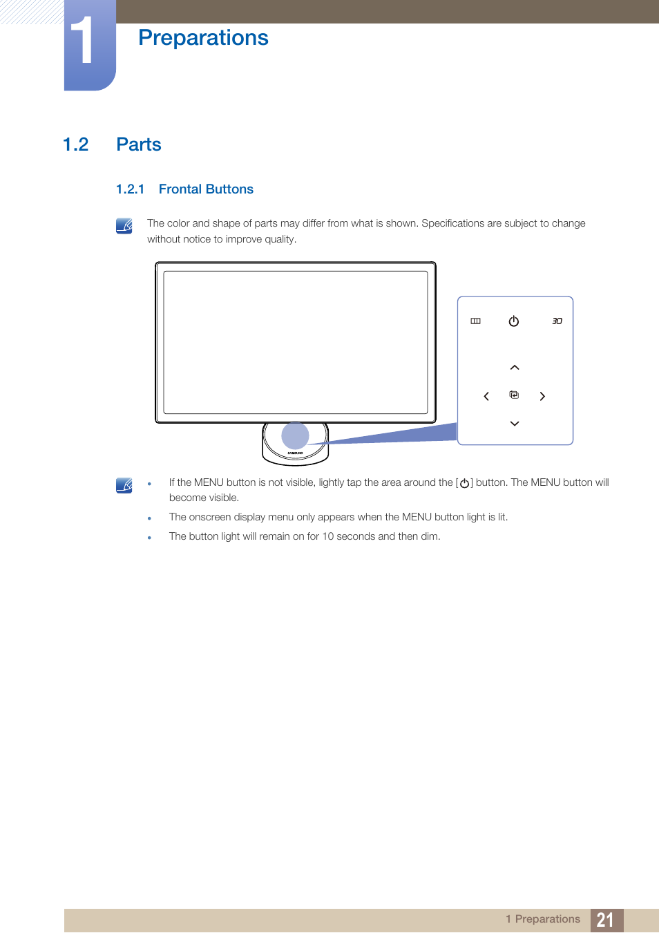 2 parts, 1 frontal buttons, Parts | Frontal buttons, Preparations | Samsung LS27A750DS-ZA User Manual | Page 21 / 88