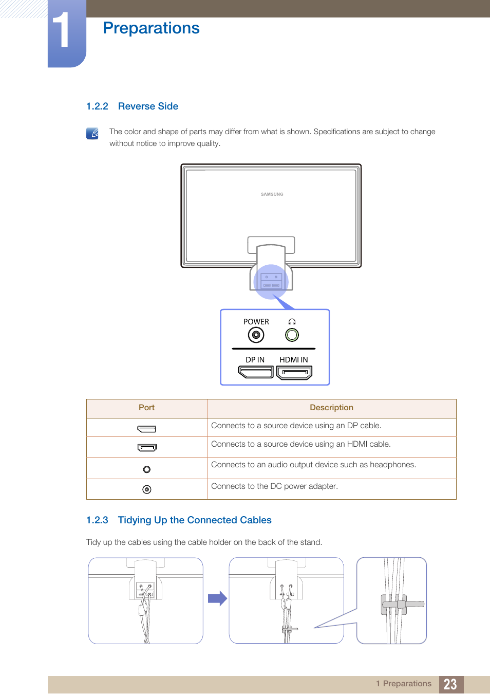 2 reverse side, 3 tidying up the connected cables, Reverse side | Tidying up the connected cables, Preparations | Samsung LS27A750DS-ZA User Manual | Page 23 / 88