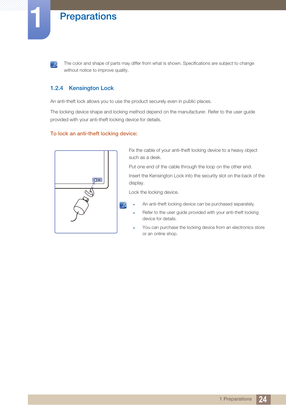 4 kensington lock, To lock an anti-theft locking device, Kensington lock | Preparations | Samsung LS27A750DS-ZA User Manual | Page 24 / 88