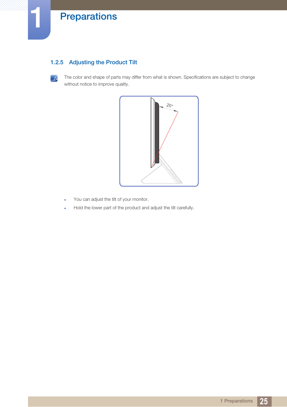 5 adjusting the product tilt, Adjusting the product tilt, Preparations | Samsung LS27A750DS-ZA User Manual | Page 25 / 88