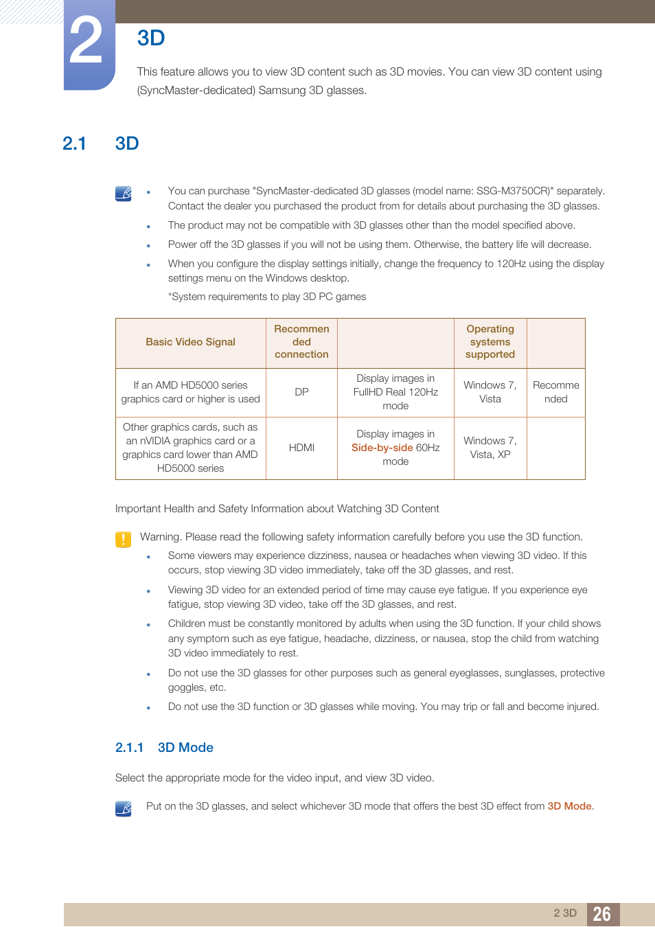 1 3d, 1 3d mode, 3d mode | Samsung LS27A750DS-ZA User Manual | Page 26 / 88