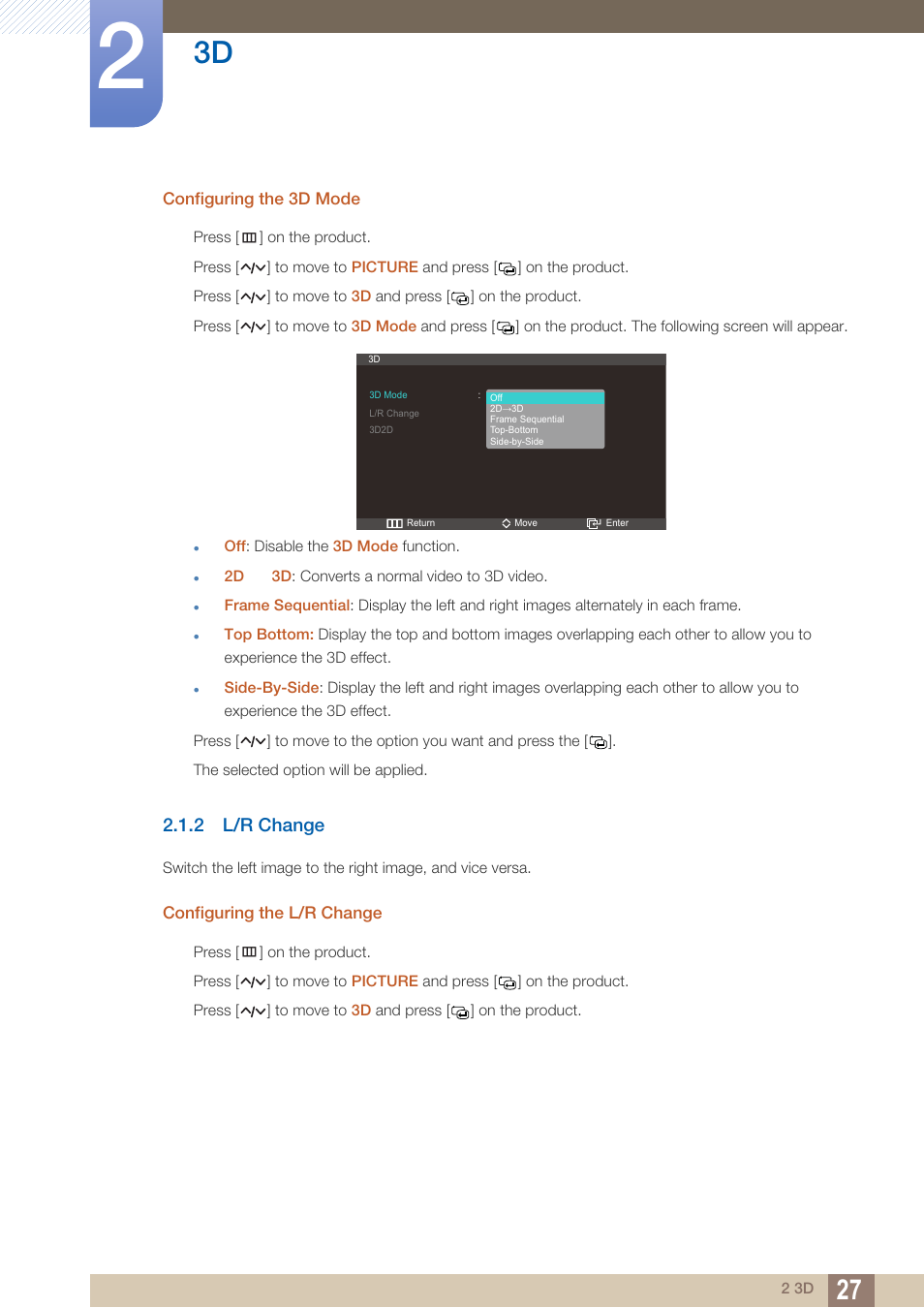 Configuring the 3d mode, 2 l/r change, Configuring the l/r change | L/r change | Samsung LS27A750DS-ZA User Manual | Page 27 / 88