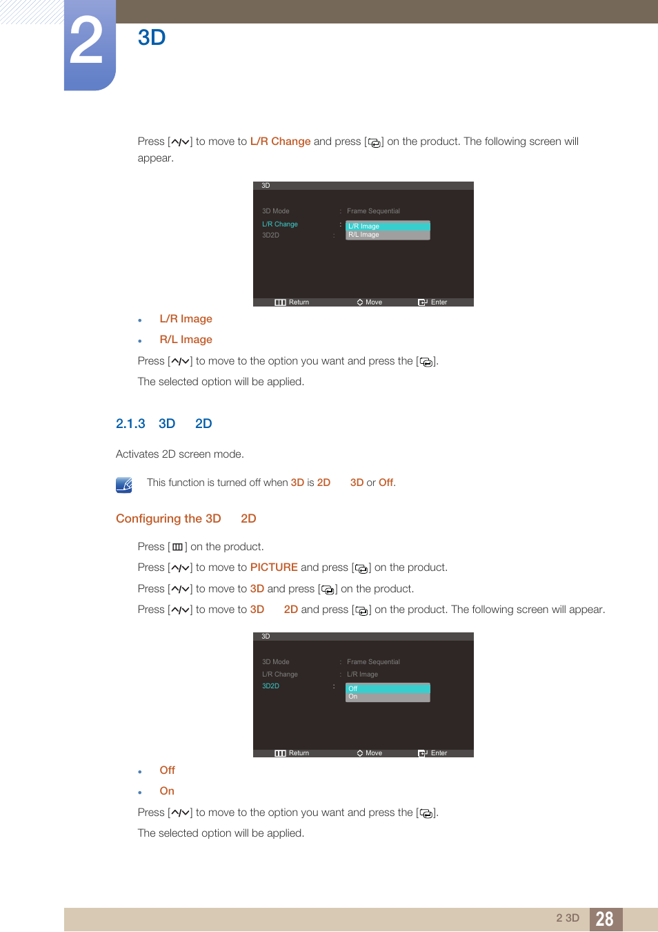 3 3d2d, Configuring the 3d2d, 3d → 2d | 3 3d 2d | Samsung LS27A750DS-ZA User Manual | Page 28 / 88
