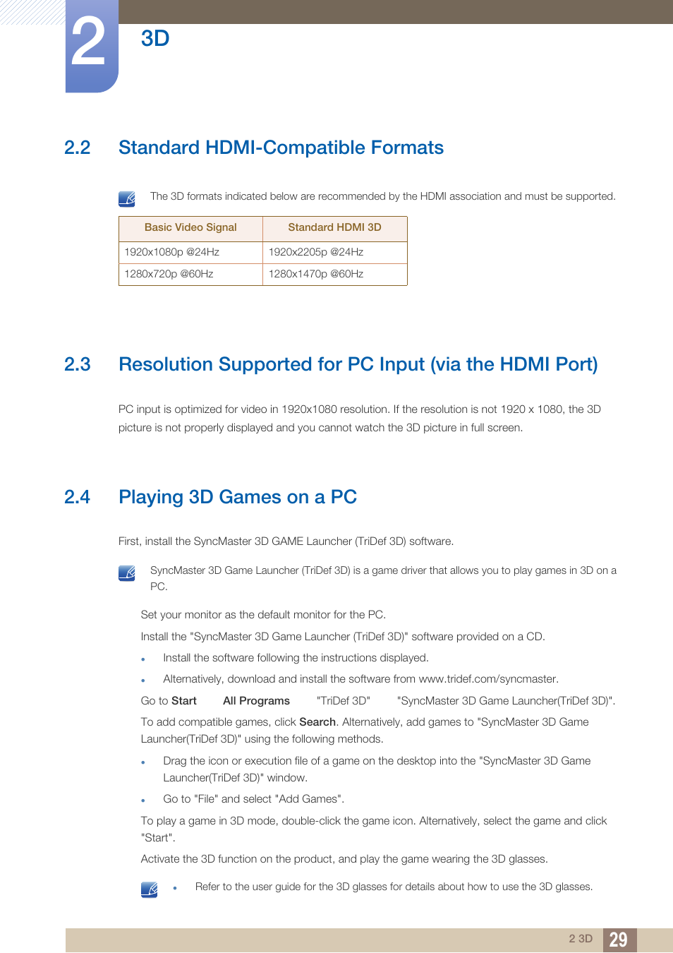 2 standard hdmi-compatible formats, 4 playing 3d games on a pc, Standard hdmi-compatible formats | Playing 3d games on a pc | Samsung LS27A750DS-ZA User Manual | Page 29 / 88