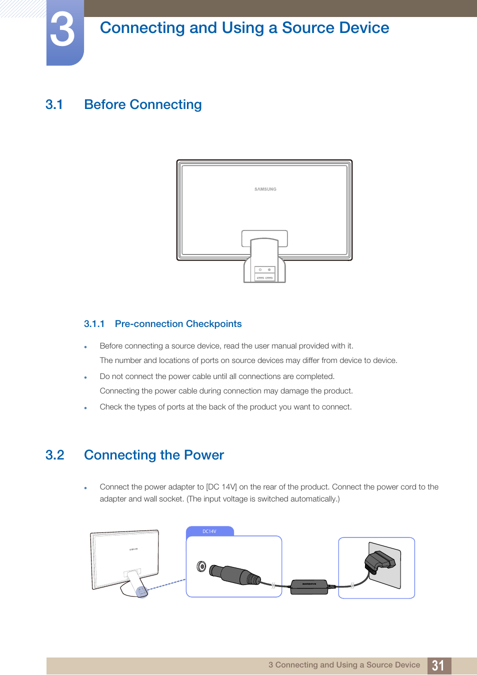 Connecting and using a source device, 1 before connecting, 1 pre-connection checkpoints | 2 connecting the power, Connecting and using, A source device, Before connecting, Pre-connection checkpoints, Connecting the power | Samsung LS27A750DS-ZA User Manual | Page 31 / 88