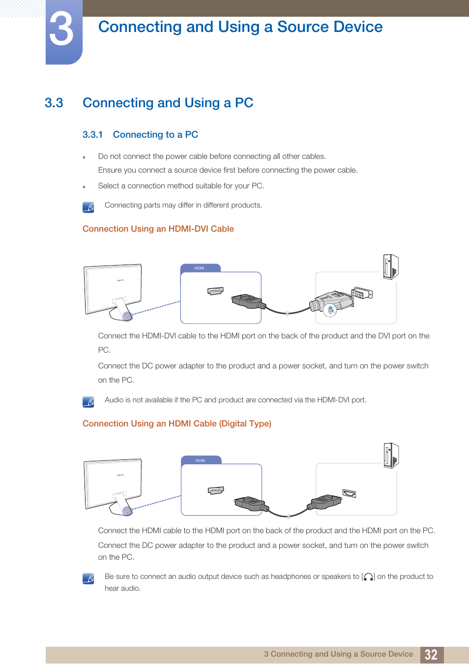 3 connecting and using a pc, 1 connecting to a pc, Connection using an hdmi-dvi cable | Connection using an hdmi cable (digital type), Connecting and using a pc, Connecting to a pc, Connecting and using a source device | Samsung LS27A750DS-ZA User Manual | Page 32 / 88