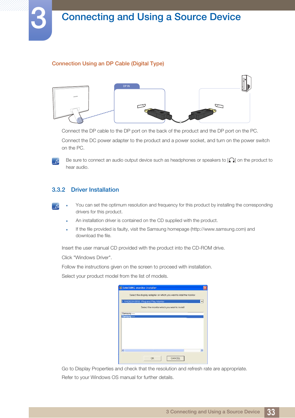 Connection using an dp cable (digital type), 2 driver installation, Driver installation | Connecting and using a source device | Samsung LS27A750DS-ZA User Manual | Page 33 / 88