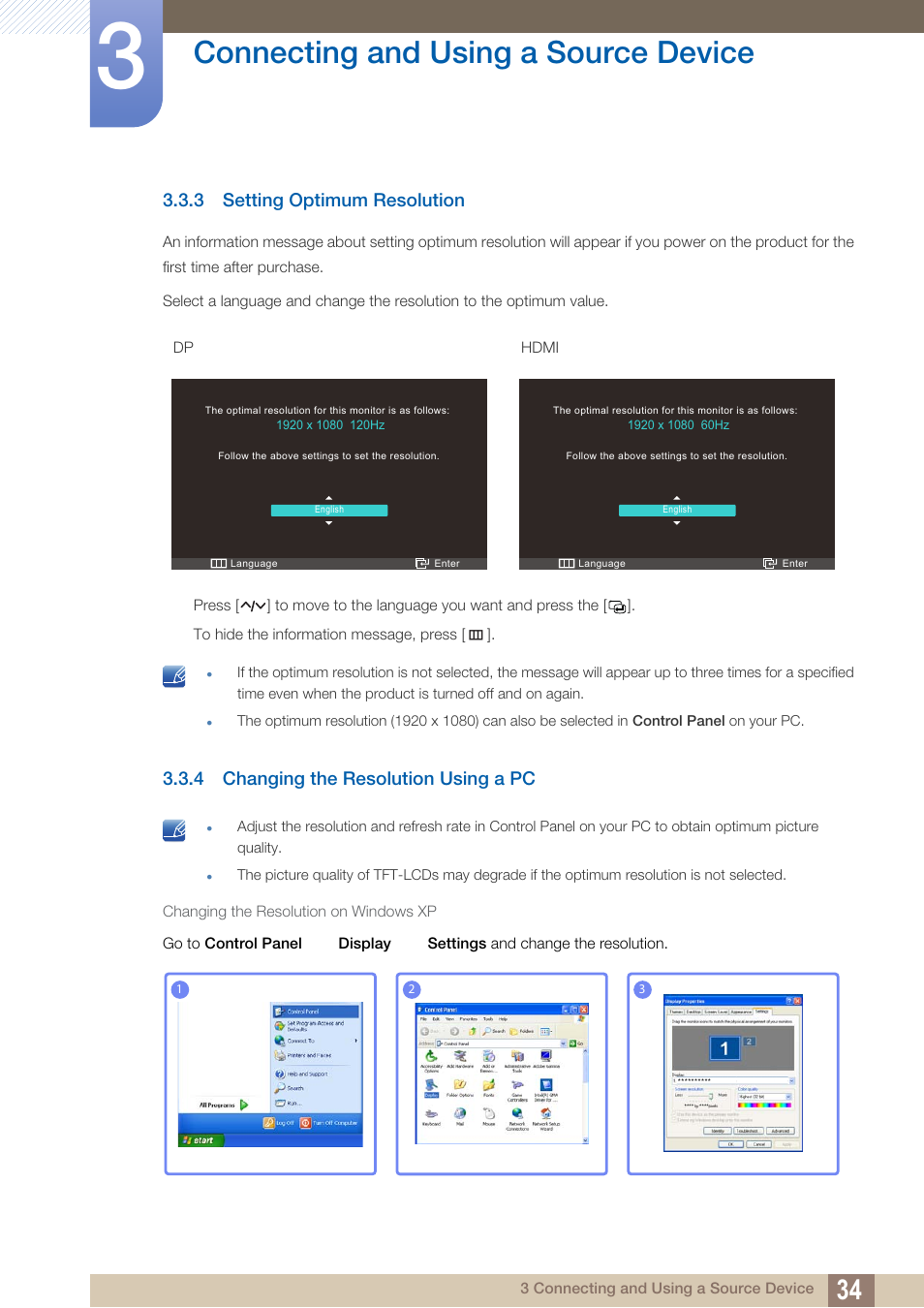 3 setting optimum resolution, 4 changing the resolution using a pc, Changing the resolution on windows xp | Setting optimum resolution, Changing the resolution using a pc, Connecting and using a source device | Samsung LS27A750DS-ZA User Manual | Page 34 / 88