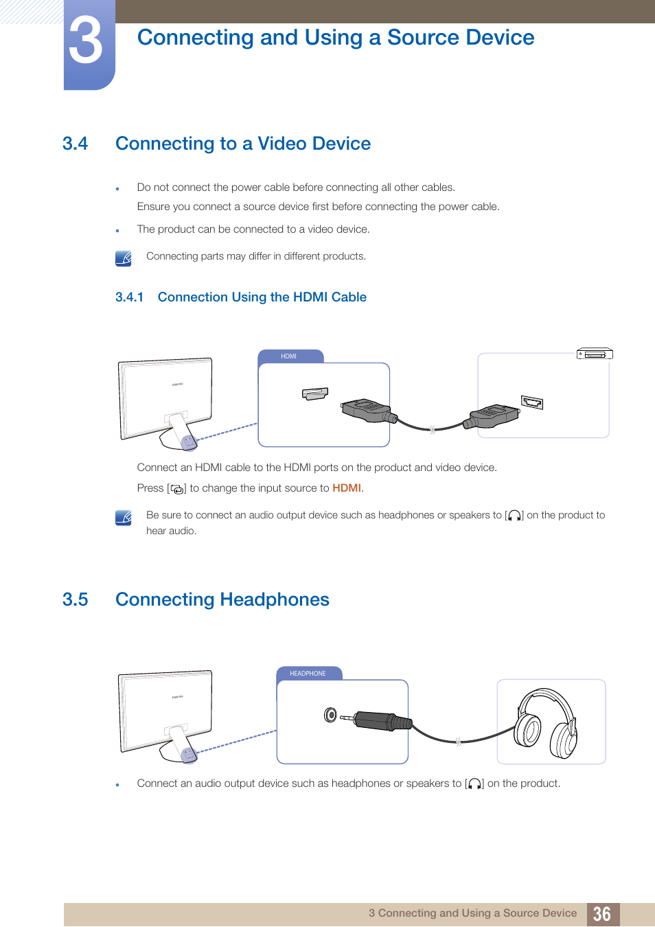 4 connecting to a video device, 1 connection using the hdmi cable, 5 connecting headphones | Connecting to a video device, Connection using the hdmi cable, Connecting headphones, Connecting and using a source device | Samsung LS27A750DS-ZA User Manual | Page 36 / 88