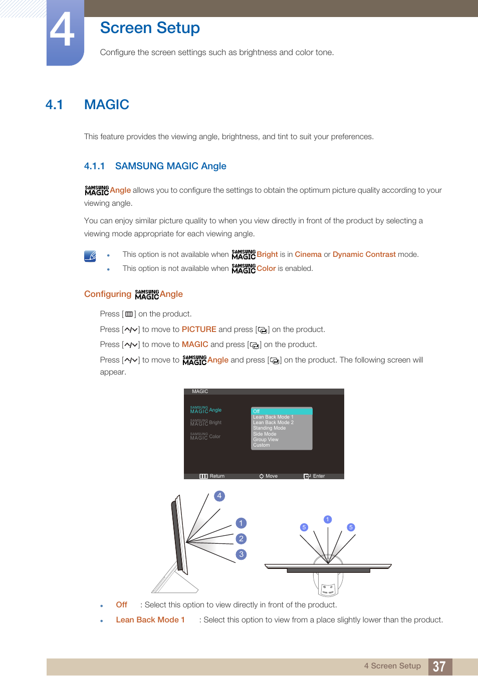 Screen setup, 1 magic, 1 samsung magic angle | Configuring angle, Magic, Samsung magic angle | Samsung LS27A750DS-ZA User Manual | Page 37 / 88