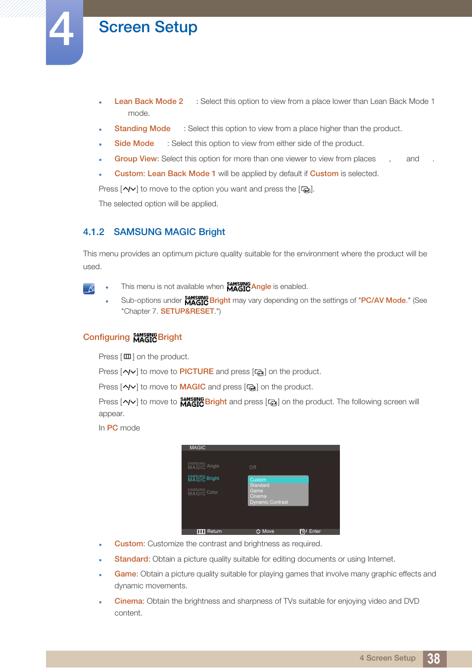 2 samsung magic bright, Configuring bright, Samsung magic bright | Screen setup | Samsung LS27A750DS-ZA User Manual | Page 38 / 88