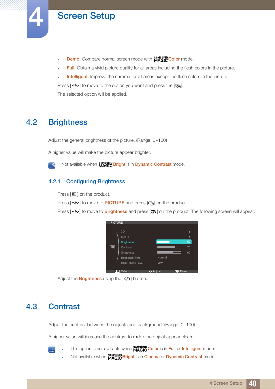 2 brightness, 1 configuring brightness, 3 contrast | Brightness, Configuring brightness, Contrast, Screen setup | Samsung LS27A750DS-ZA User Manual | Page 40 / 88
