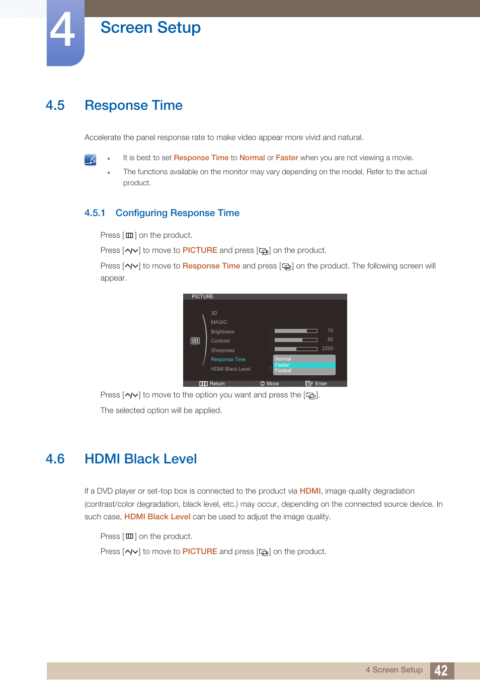 5 response time, 1 configuring response time, 6 hdmi black level | Response time, Configuring response time, Hdmi black level, Screen setup | Samsung LS27A750DS-ZA User Manual | Page 42 / 88