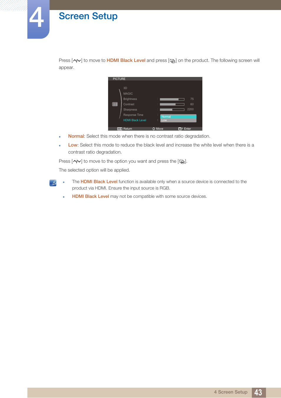 Screen setup | Samsung LS27A750DS-ZA User Manual | Page 43 / 88