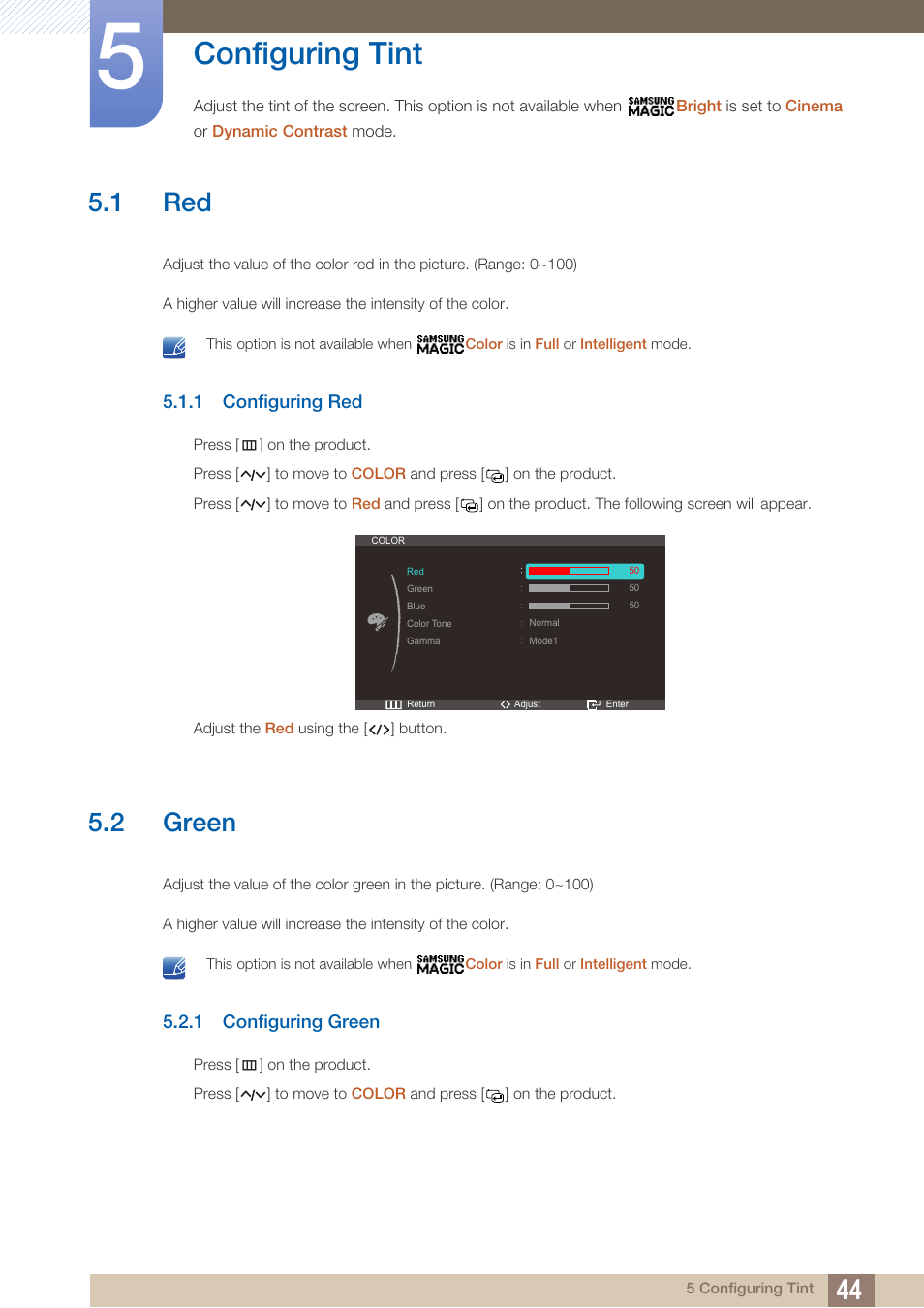 Configuring tint, 1 red, 1 configuring red | 2 green, 1 configuring green, Configuring red, Green, Configuring green | Samsung LS27A750DS-ZA User Manual | Page 44 / 88