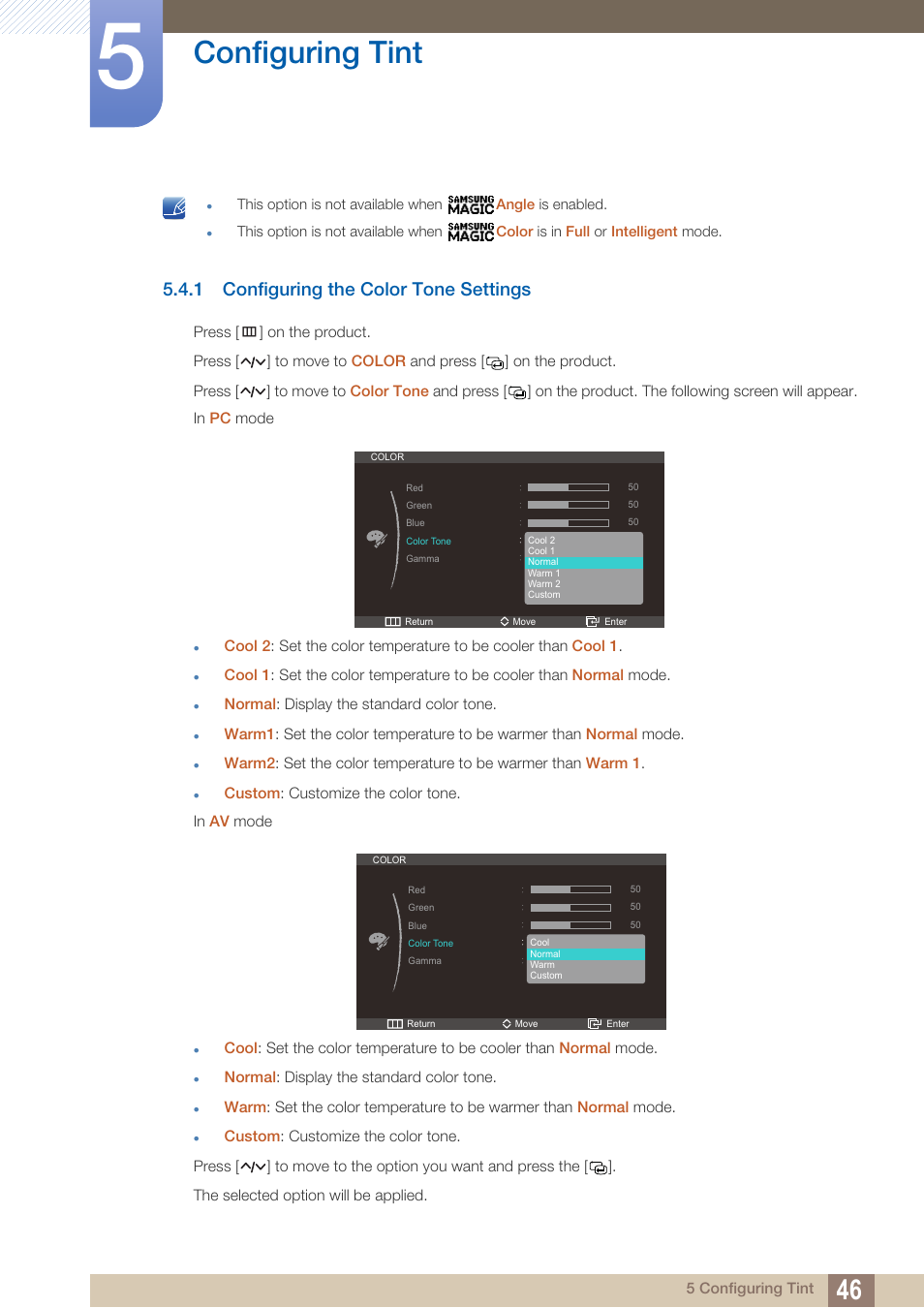 1 configuring the color tone settings, Configuring the color tone settings, Configuring tint | Samsung LS27A750DS-ZA User Manual | Page 46 / 88