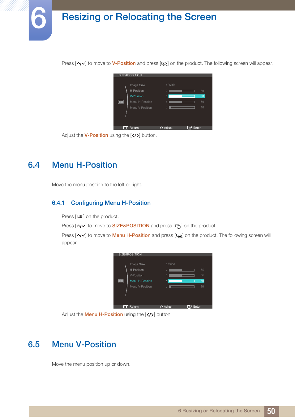 4 menu h-position, 1 configuring menu h-position, 5 menu v-position | Menu h-position, Configuring menu h-position, Menu v-position, Resizing or relocating the screen | Samsung LS27A750DS-ZA User Manual | Page 50 / 88