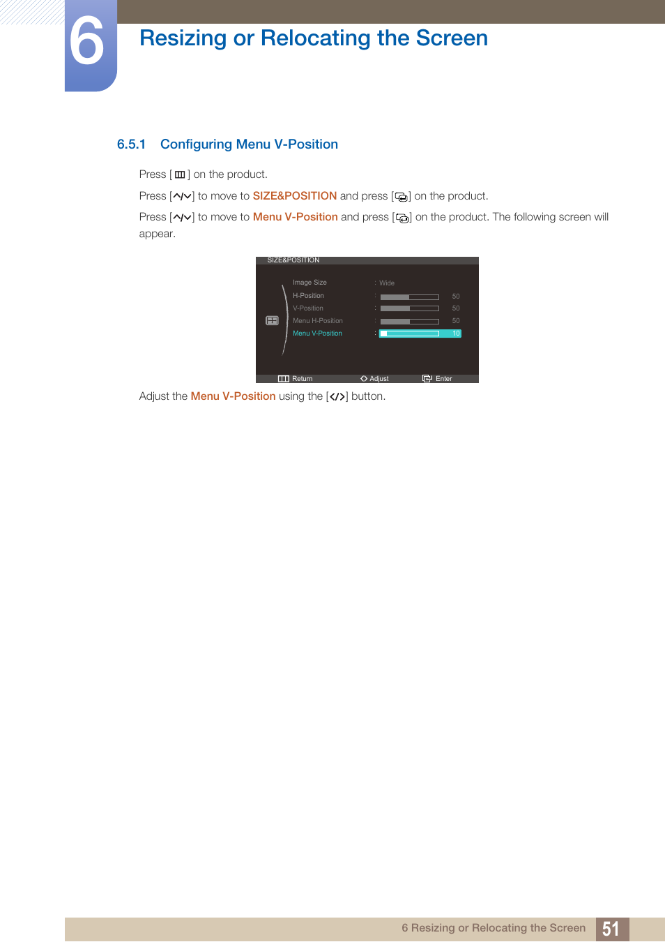 1 configuring menu v-position, Configuring menu v-position, Resizing or relocating the screen | Samsung LS27A750DS-ZA User Manual | Page 51 / 88
