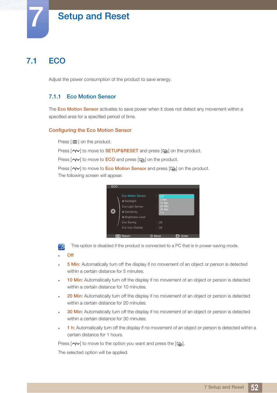 Setup and reset, 1 eco, 1 eco motion sensor | Configuring the eco motion sensor, Eco motion sensor | Samsung LS27A750DS-ZA User Manual | Page 52 / 88