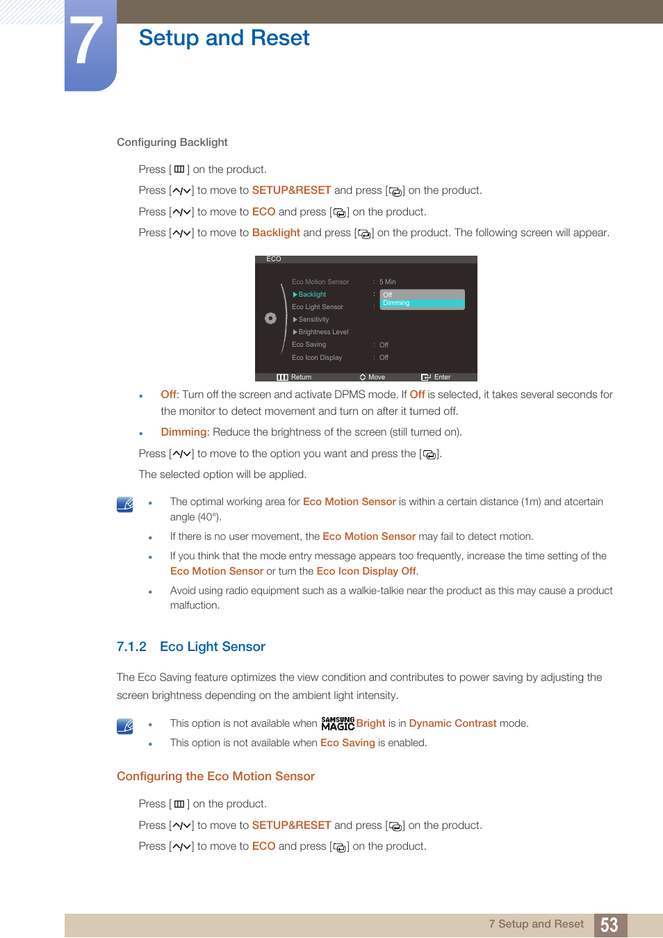 Configuring backlight, 2 eco light sensor, Configuring the eco motion sensor | Eco light sensor, Setup and reset | Samsung LS27A750DS-ZA User Manual | Page 53 / 88