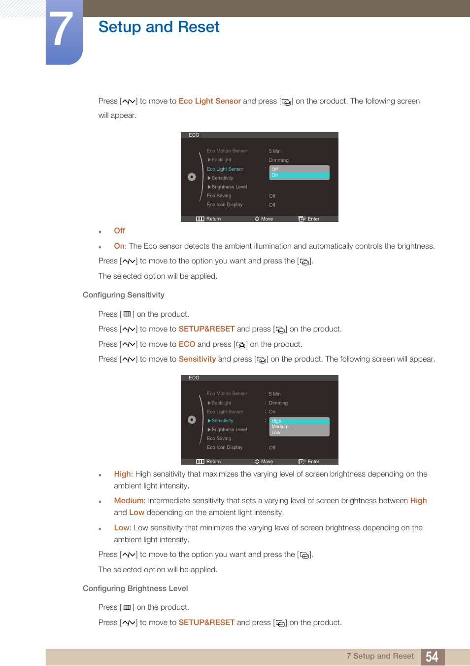 Configuring sensitivity, Configuring brightness level, Setup and reset | Samsung LS27A750DS-ZA User Manual | Page 54 / 88