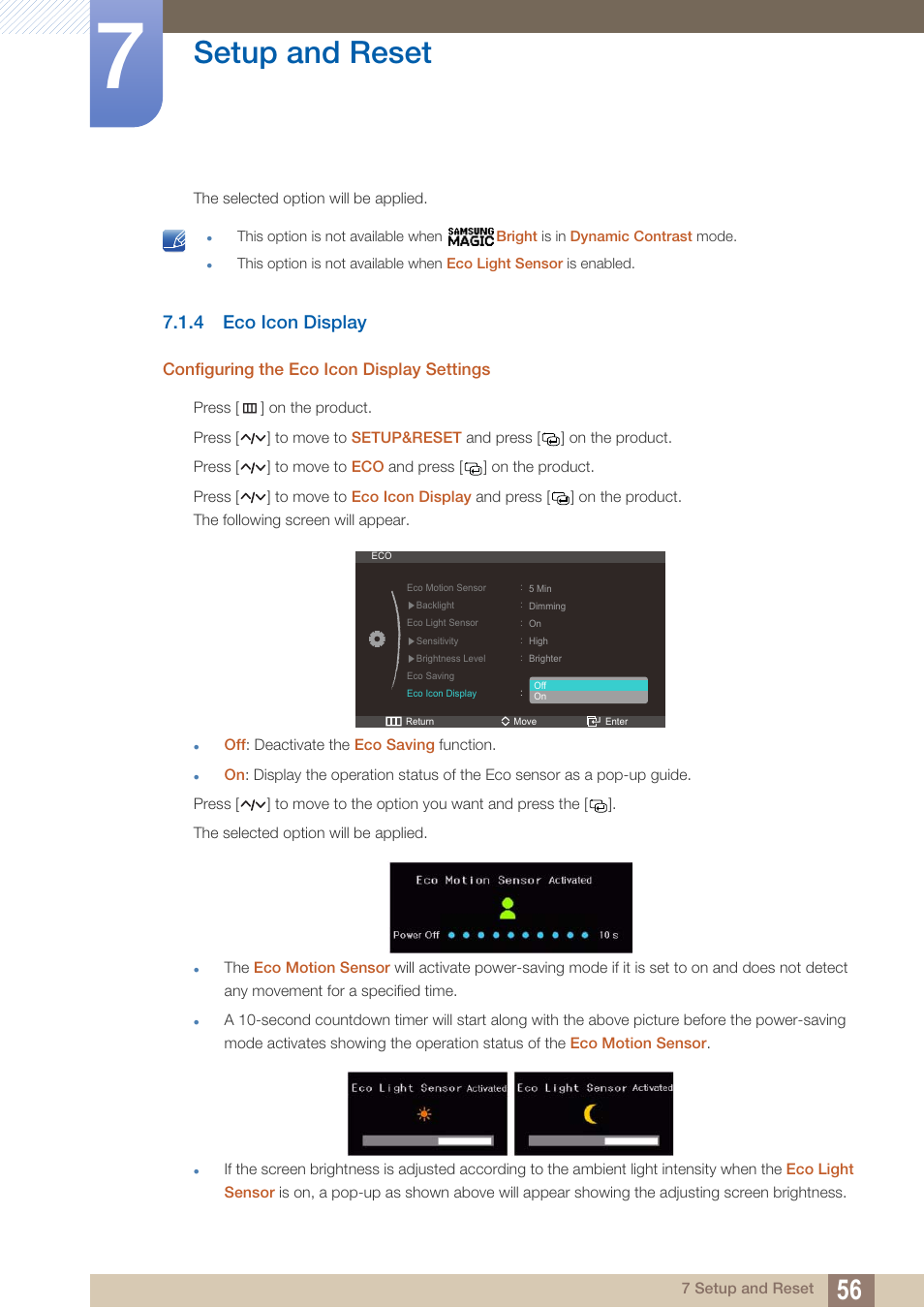 4 eco icon display, Configuring the eco icon display settings, Eco icon display | Setup and reset | Samsung LS27A750DS-ZA User Manual | Page 56 / 88