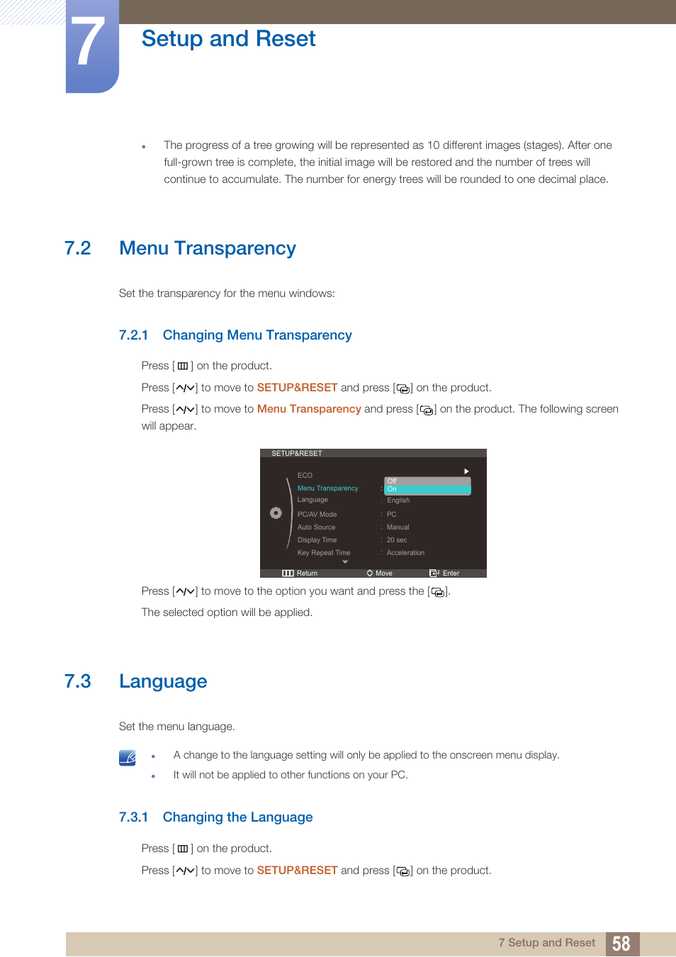 2 menu transparency, 1 changing menu transparency, 3 language | 1 changing the language, Menu transparency, Changing menu transparency, Language, Changing the language, Setup and reset | Samsung LS27A750DS-ZA User Manual | Page 58 / 88
