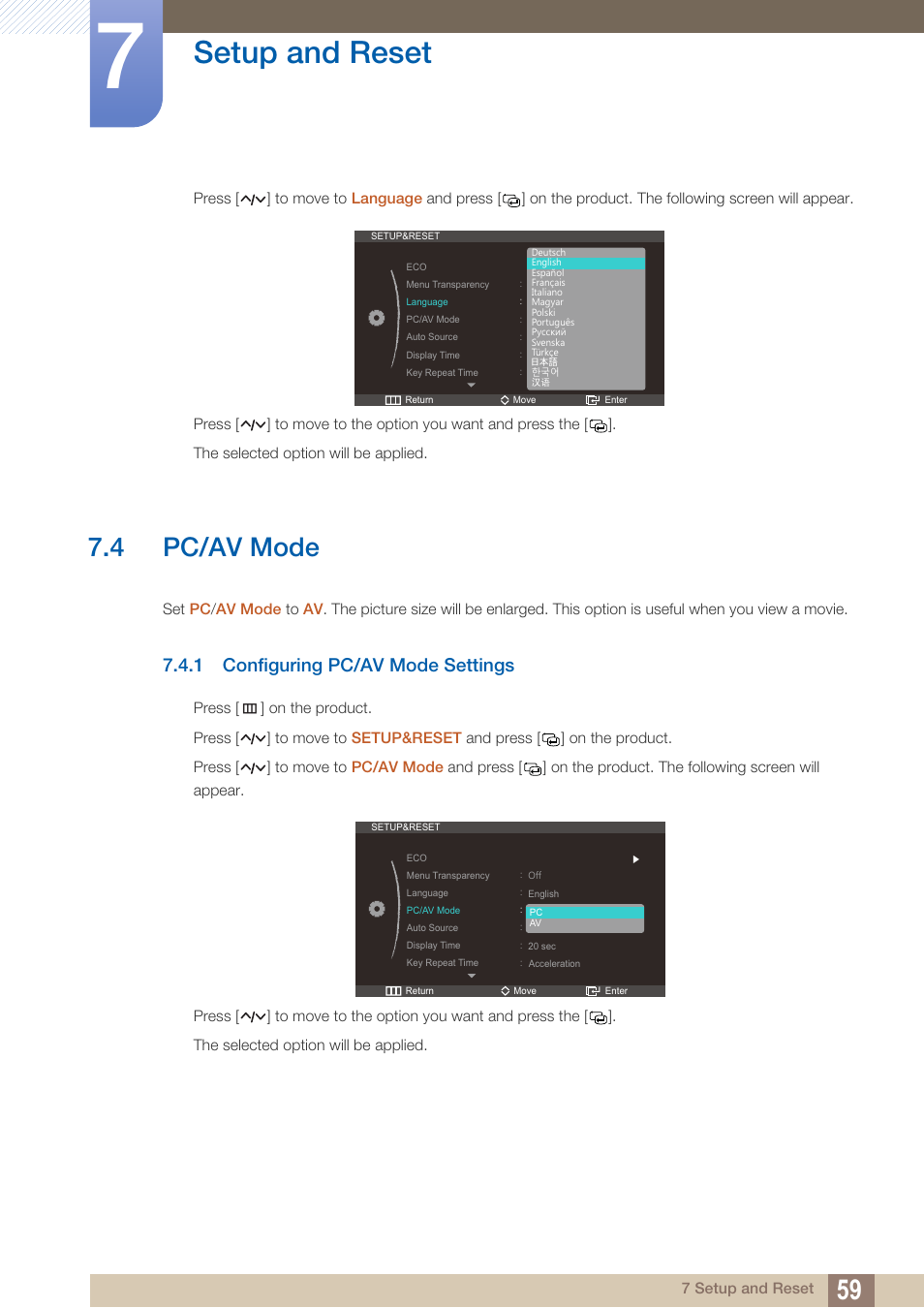4 pc/av mode, 1 configuring pc/av mode settings, Pc/av mode | Configuring pc/av mode settings, Setup and reset | Samsung LS27A750DS-ZA User Manual | Page 59 / 88