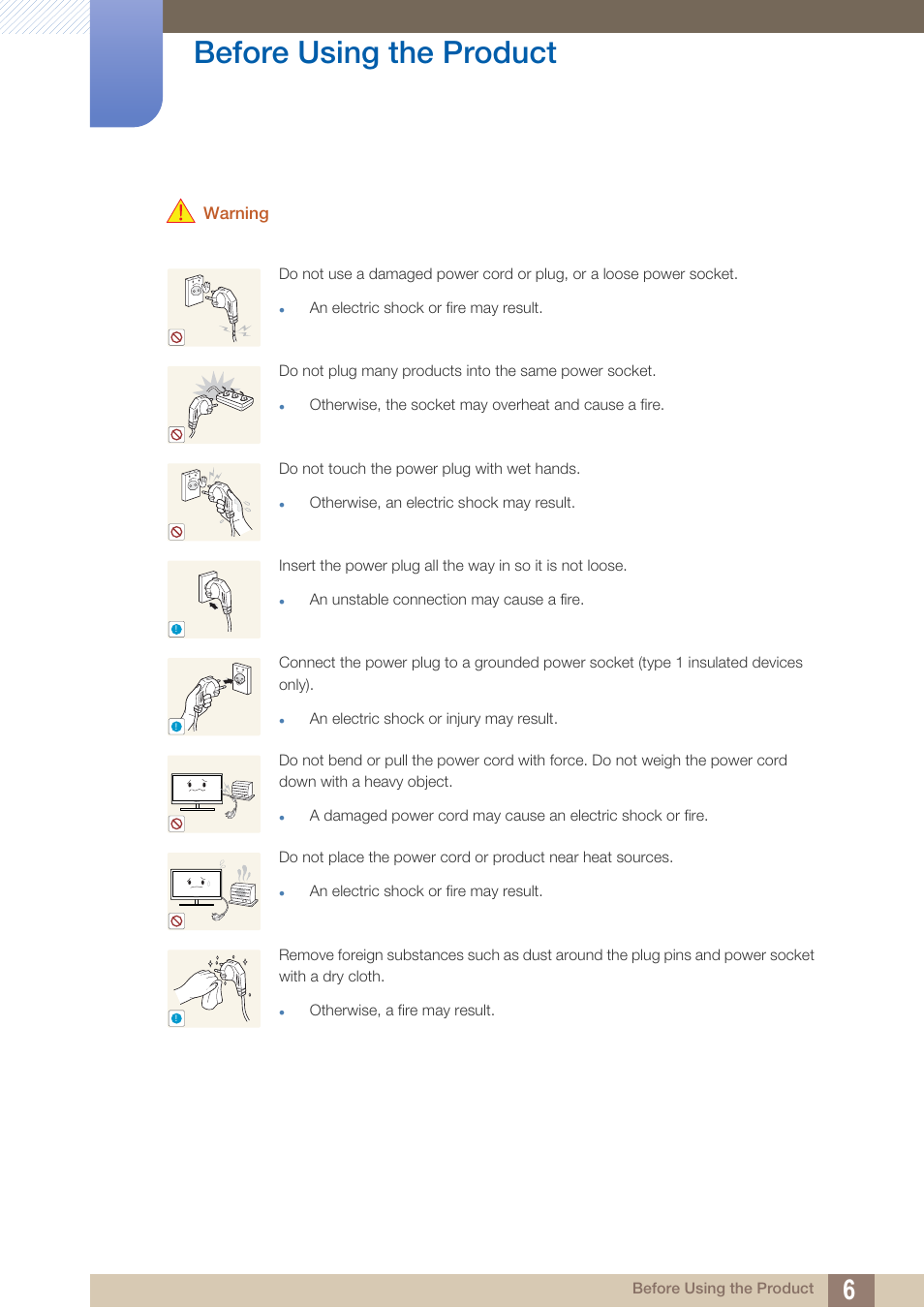 Warning, Before using the product | Samsung LS27A750DS-ZA User Manual | Page 6 / 88