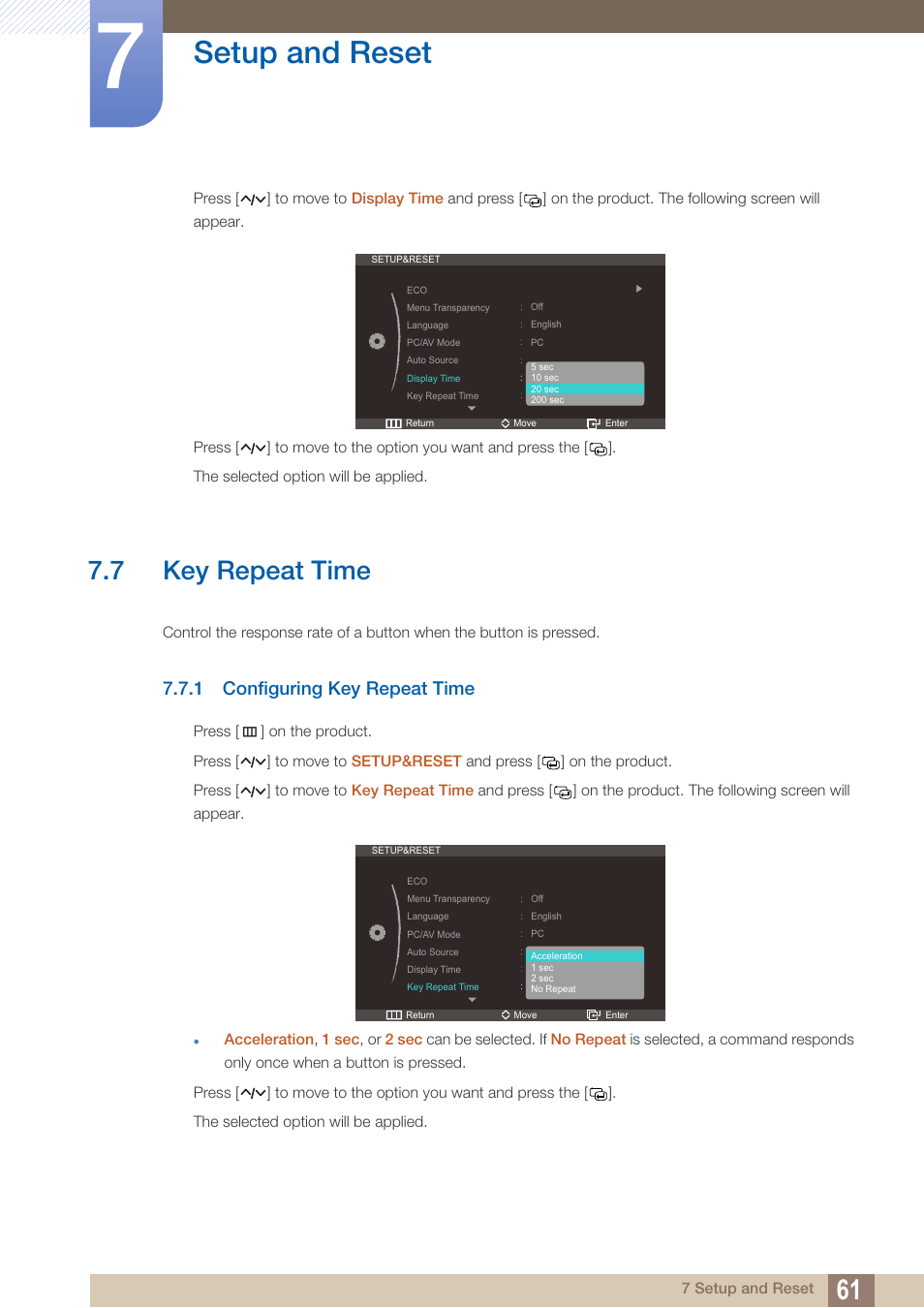 7 key repeat time, 1 configuring key repeat time, Key repeat time | Configuring key repeat time, Setup and reset | Samsung LS27A750DS-ZA User Manual | Page 61 / 88