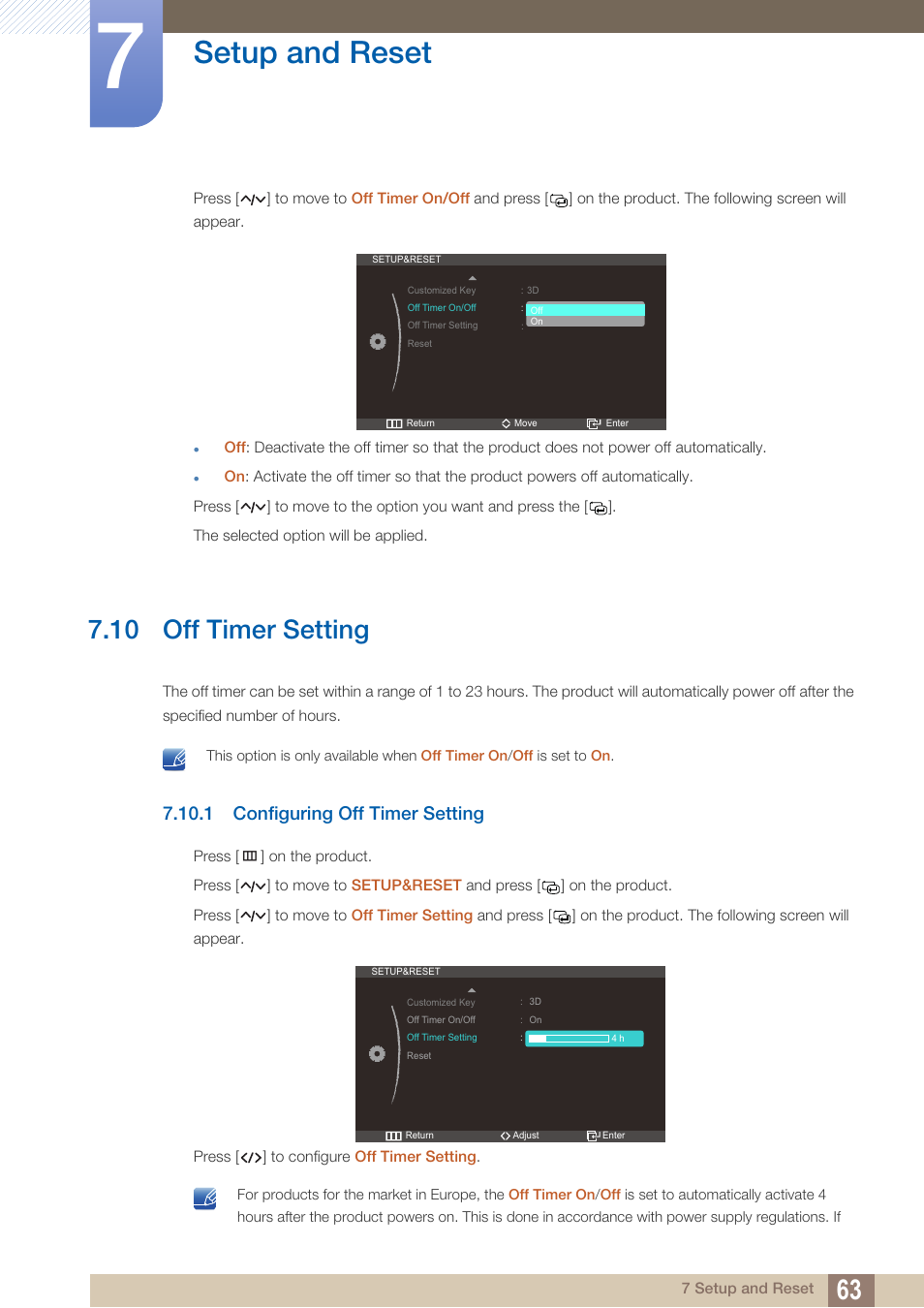 10 off timer setting, 1 configuring off timer setting, Off timer setting | Configuring off timer setting, Setup and reset | Samsung LS27A750DS-ZA User Manual | Page 63 / 88