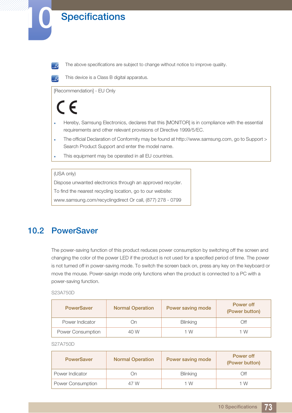 2 powersaver, S23a750d, S27a750d | Powersaver, Specifications | Samsung LS27A750DS-ZA User Manual | Page 73 / 88