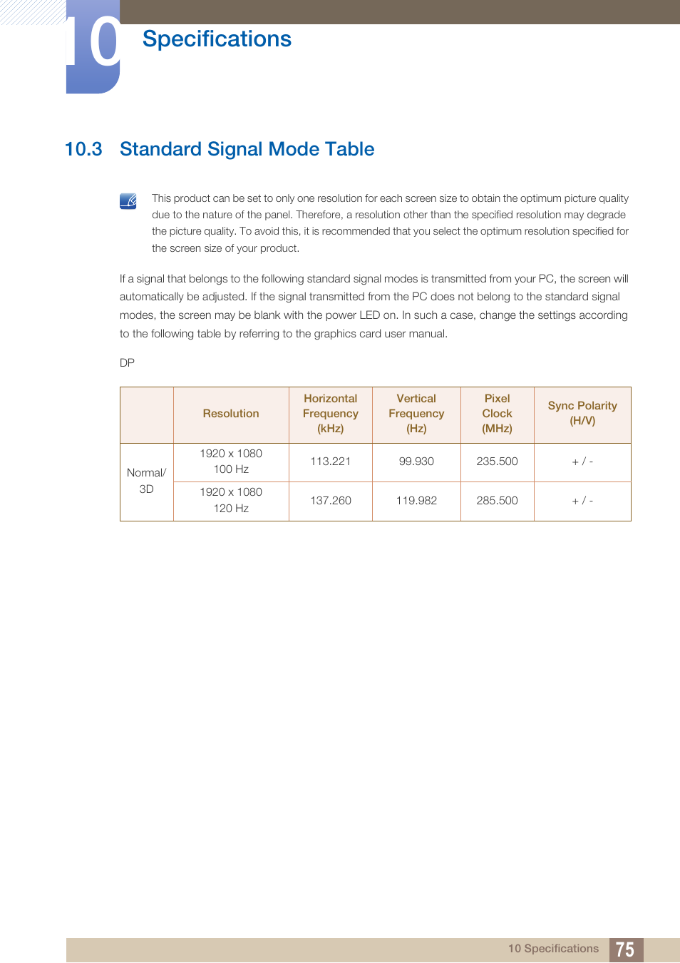 3 standard signal mode table, Standard signal mode table, 3 standard signal mode table") | Specifications | Samsung LS27A750DS-ZA User Manual | Page 75 / 88