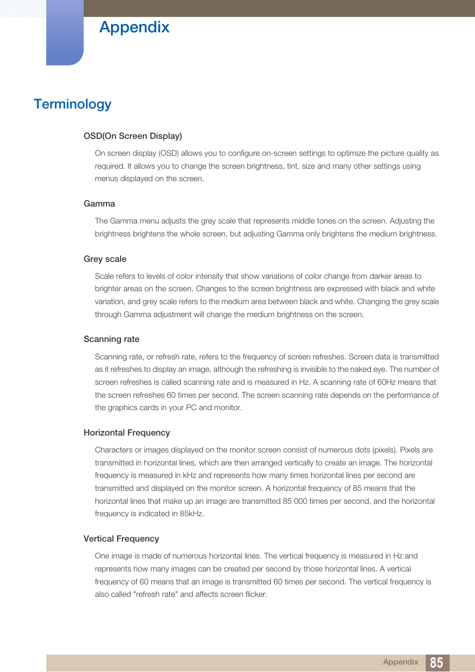 Terminology, Appendix | Samsung LS27A750DS-ZA User Manual | Page 85 / 88