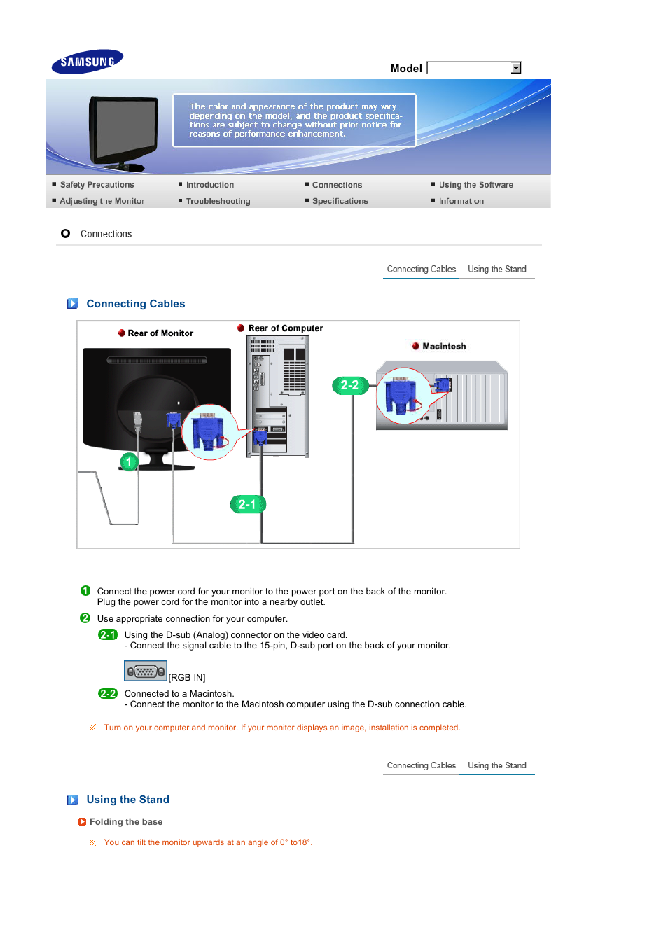 Connections, Connecting cables, Using the stand | Samsung LS20PENSF-XAA User Manual | Page 17 / 50