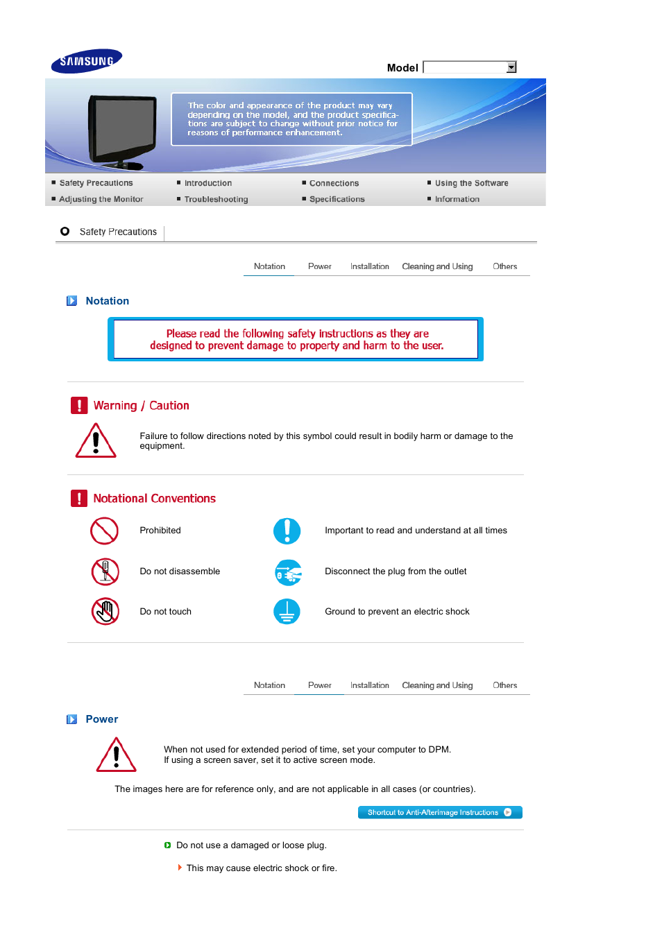 Safety precautions, Notation, Power | Samsung LS20PENSF-XAA User Manual | Page 2 / 50